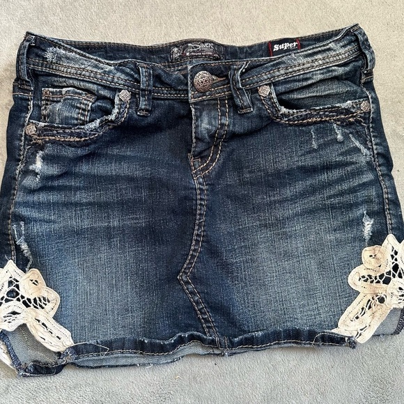 Silver Jeans Dresses & Skirts - **3 for $15**Silver Mini Denim Skirt with Lace Accents